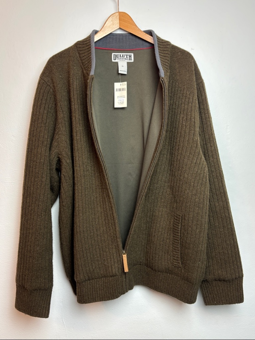 NWT Duluth Trading Co Men’s XL Shetland Wool Windproof Zip Sweater Olive Green - Picture 5 of 9